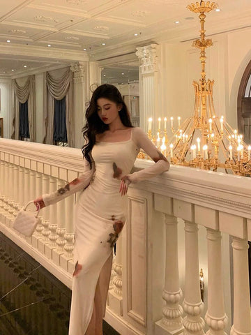 Sheath Square Neckline Long Sleeves Slit Floral Prom Dresses Birthday Dress SD411